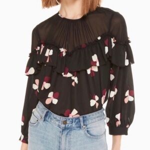 Kate Spade Black Floral Glitzy Ritzy Dusk Buds Ruffle Semi-Sheer Top | Small